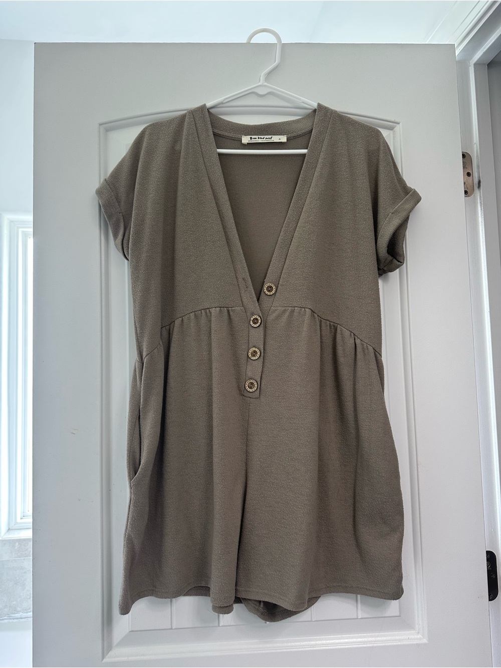 Three Bird Nest Taupe V-Neck Short Sleeve Romper